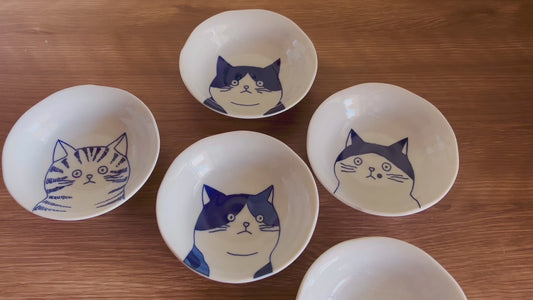 5 Piece Set of Cat bowls Cat plates Mino yaki Mino Ware From Japan Japanese ceramics